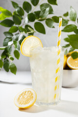 Cold homemade lemonade in misted glass with ice, straw, lemons in bowl, green leaves in sunlight on white wood table, soft light marble wall or garden, closeup, vertical. - obrazy, fototapety, plakaty