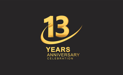 13th years anniversary with swoosh design golden color isolated on black background for celebration