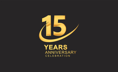15th years anniversary with swoosh design golden color isolated on black background for celebration