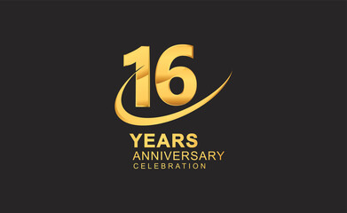16th years anniversary with swoosh design golden color isolated on black background for celebration