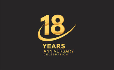 18th years anniversary with swoosh design golden color isolated on black background for celebration