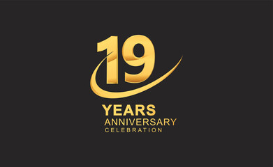 19th years anniversary with swoosh design golden color isolated on black background for celebration