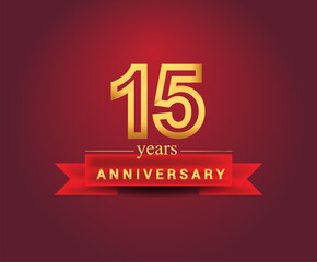 15th years anniversary design with red ribbon and golden color isolated on red background, Design for anniversary celebration.