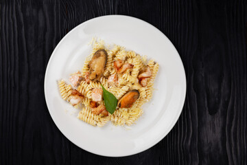 Seafood Pasta with mussels salmon and shrimps
