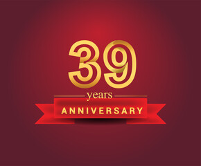 39th years anniversary design with red ribbon and golden color isolated on red background, Design for anniversary celebration.