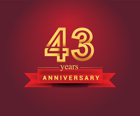 43rd years anniversary design with red ribbon and golden color isolated on red background, Design for anniversary celebration.