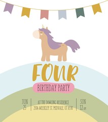Vector illustration, isolated, on a white background. An invitation to a unicorn party in a cartoon style with a magical cute brown unicorn with purple hair and the inscription four