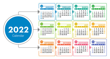 Calendar 2022 year. Vector colorful calender template. Infographics design. Week starts on Sunday