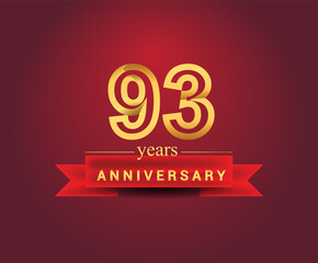 93rd years anniversary design with red ribbon and golden color isolated on red background, Design for anniversary celebration.