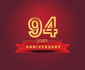 94th years anniversary design with red ribbon and golden color isolated on red background, Design for anniversary celebration.