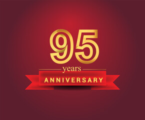 95th years anniversary design with red ribbon and golden color isolated on red background, Design for anniversary celebration.