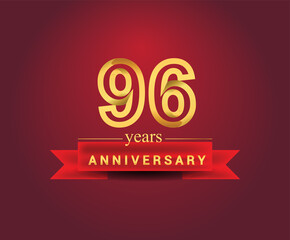 96th years anniversary design with red ribbon and golden color isolated on red background, Design for anniversary celebration.