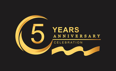5th anniversary design logotype golden color with ring and gold ribbon for anniversary celebration