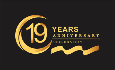 19th anniversary design logotype golden color with ring and gold ribbon for anniversary celebration
