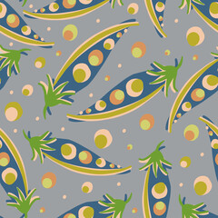 Seamless vector colorful pattern design illustration of cartoon peas in dull grey tones