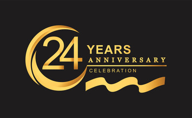 24th anniversary design logotype golden color with ring and gold ribbon for anniversary celebration