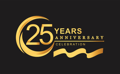 25th anniversary design logotype golden color with ring and gold ribbon for anniversary celebration
