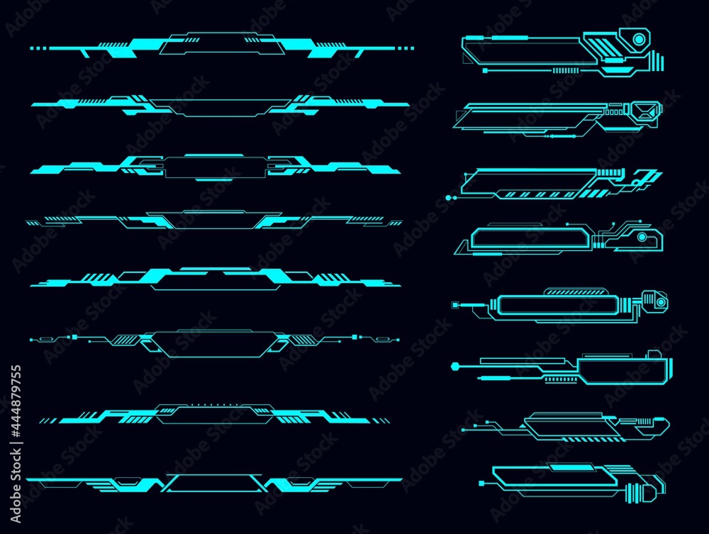 Leinwandbilder HUD info boxes, futuristic display borders and interface, elements, vector. HUD tech or digital technology game frames and text boxes or call bars, UI panel screen layouts