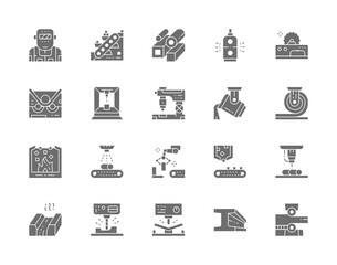 Set of Metallurgy Industry Gray Icons. Conveyor, Mining Industry, Steel Pipes, Metallurgist, Robotic Manipulator Arm and more.