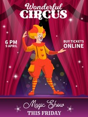 Shapito circus poster, cartoon clown character. Vector flyer with jester performing magic show on stage with curtains and spotlights. Artist performer on big top arena. Funster in bright costume