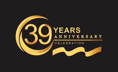39th anniversary design logotype golden color with ring and gold ribbon for anniversary celebration