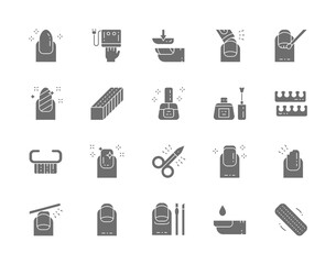 Set of Nail Salon Gray Icons. Scissors, Extended Nails, Polish Remover and more.