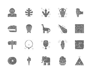 Set of Prehistoric Age Gray Icons. Tropical Palm Leaf, Dinosaur, Meteorite, Primitive Axe, Torch Flame, Mammoth and more.