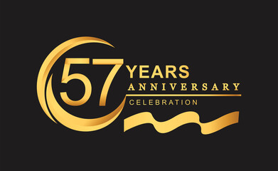 57th anniversary design logotype golden color with ring and gold ribbon for anniversary celebration