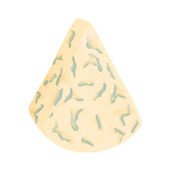 Cheese piece vector flat illustration. Brie or roquefortor soft fresh and tasty cheese cut into triangle.