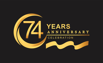 74th anniversary design logotype golden color with ring and gold ribbon for anniversary celebration