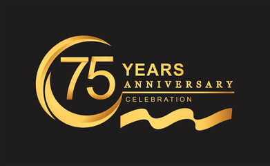 75th anniversary design logotype golden color with ring and gold ribbon for anniversary celebration