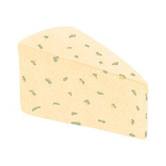Cheese piece vector flat illustration. Brie or roquefortor soft fresh and tasty cheese cut into triangle.