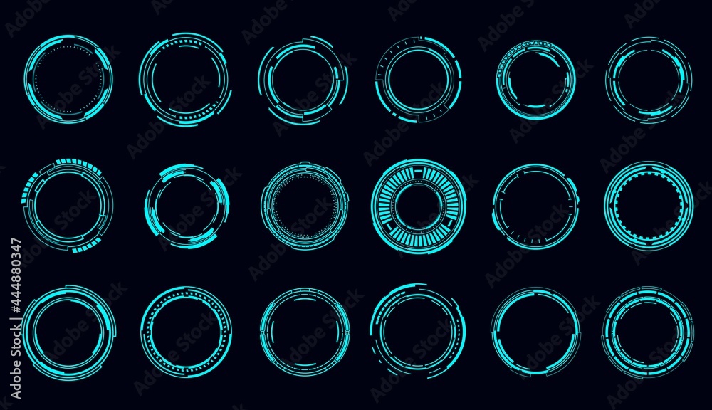 Leinwandbilder HUD round frames and borders, aim control and digital interface, vector. HUD technology and future tech game, target borders and hologram frames, user data UI display buttons and radars