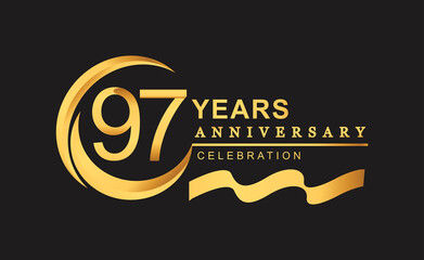 97th anniversary design logotype golden color with ring and gold ribbon for anniversary celebration