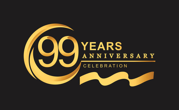 99th anniversary design logotype golden color with ring and gold ribbon for anniversary celebration