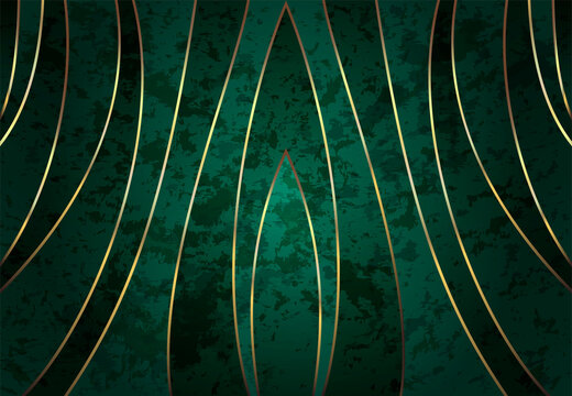 Abstract green background with grunge pattern. Golden flowing lines on a green gradient background.