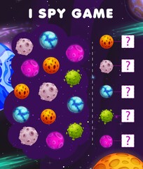 I spy kids game, cartoon space planets vector math test for children. How many planets in galaxy estimate task, counting practice for preschool or school children. Educational mathematical riddle