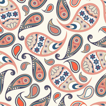 Seamless abstract pattern in paisley style. On a white background - a colored ornament of cucumbers. Printing on textiles and paper. Vector illustration.