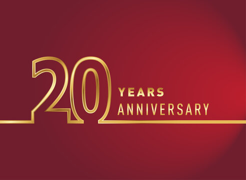 20th years anniversary logotype, gold colored isolated with red background, vector design for celebration, invitation card, and greeting card