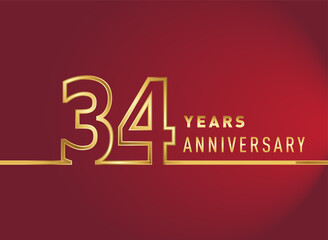 34th years anniversary logotype, gold colored isolated with red background, vector design for celebration, invitation card, and greeting card