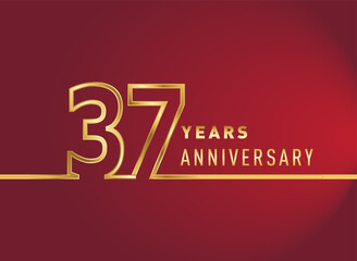 37th years anniversary logotype, gold colored isolated with red background, vector design for celebration, invitation card, and greeting card
