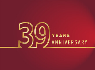 39th years anniversary logotype, gold colored isolated with red background, vector design for celebration, invitation card, and greeting card