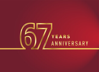 67th years anniversary logotype, gold colored isolated with red background, vector design for celebration, invitation card, and greeting card