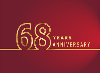 68th years anniversary logotype, gold colored isolated with red background, vector design for celebration, invitation card, and greeting card