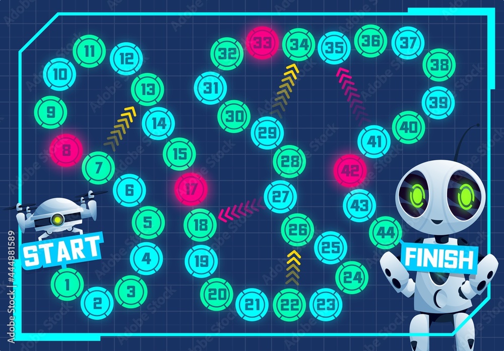 Poster boardgame with cartoon robot and drone, vector kids education. start to finish board game, dice puzz