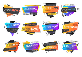 Order now origami business labels and banners. Online shopping seasonal sale offer, discount and special price vector origami paper tags, buy or shop now stickers, preorder buttons