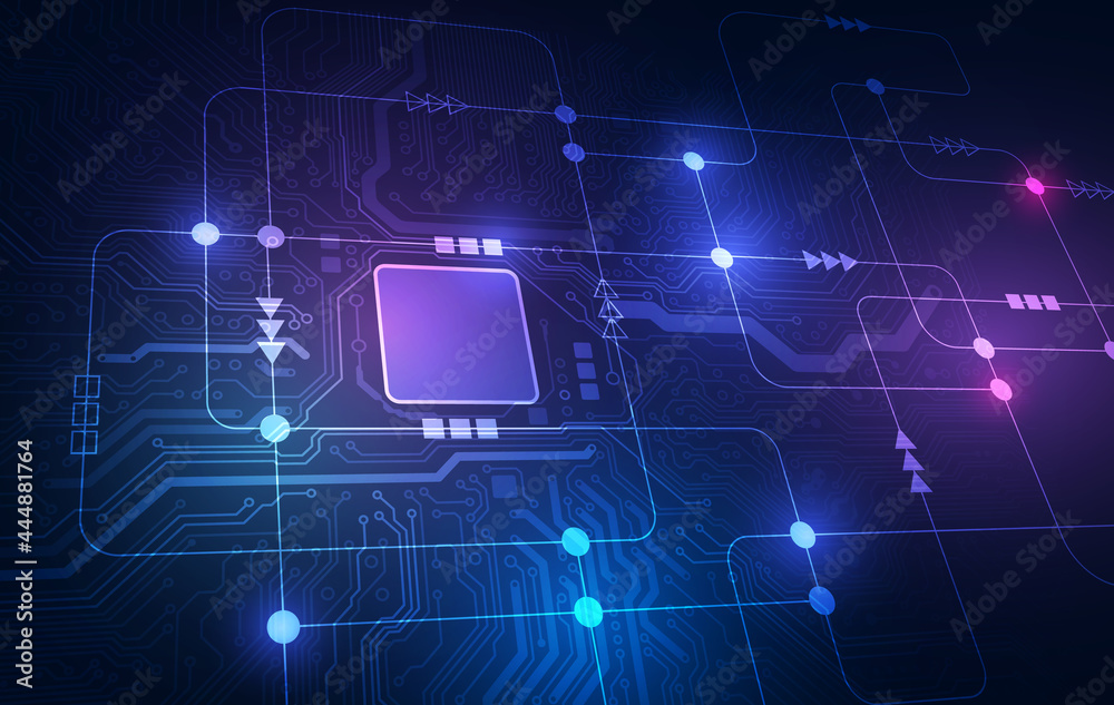 Poster abstract technology chip processor background circuit board and html code,3d illustration blue techn
