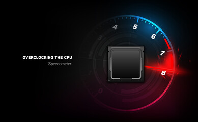 Overclocking the CPU clock speedometer. hi tech circuits fantastic absract backgroun. - obrazy, fototapety, plakaty