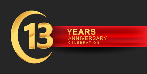 13th anniversary design logotype golden color with ring and red ribbon for anniversary celebration