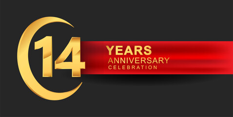 14th anniversary design logotype golden color with ring and red ribbon for anniversary celebration